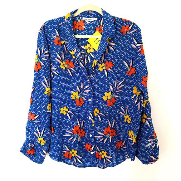 NWT Roller Rabbit Blue Kori Floral Nyana Tropical Rolled Up Sleeve Shirt Sz S - Picture 1 of 11